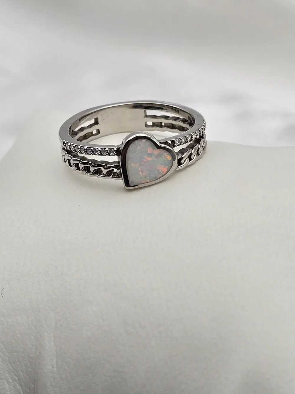 Sterling Silver 925 Created White Heart Opal Ring